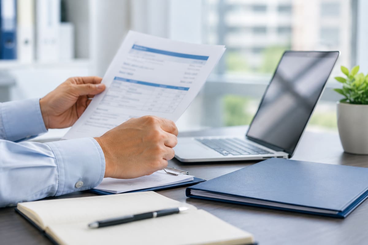 Background check report reviewed beside a laptop